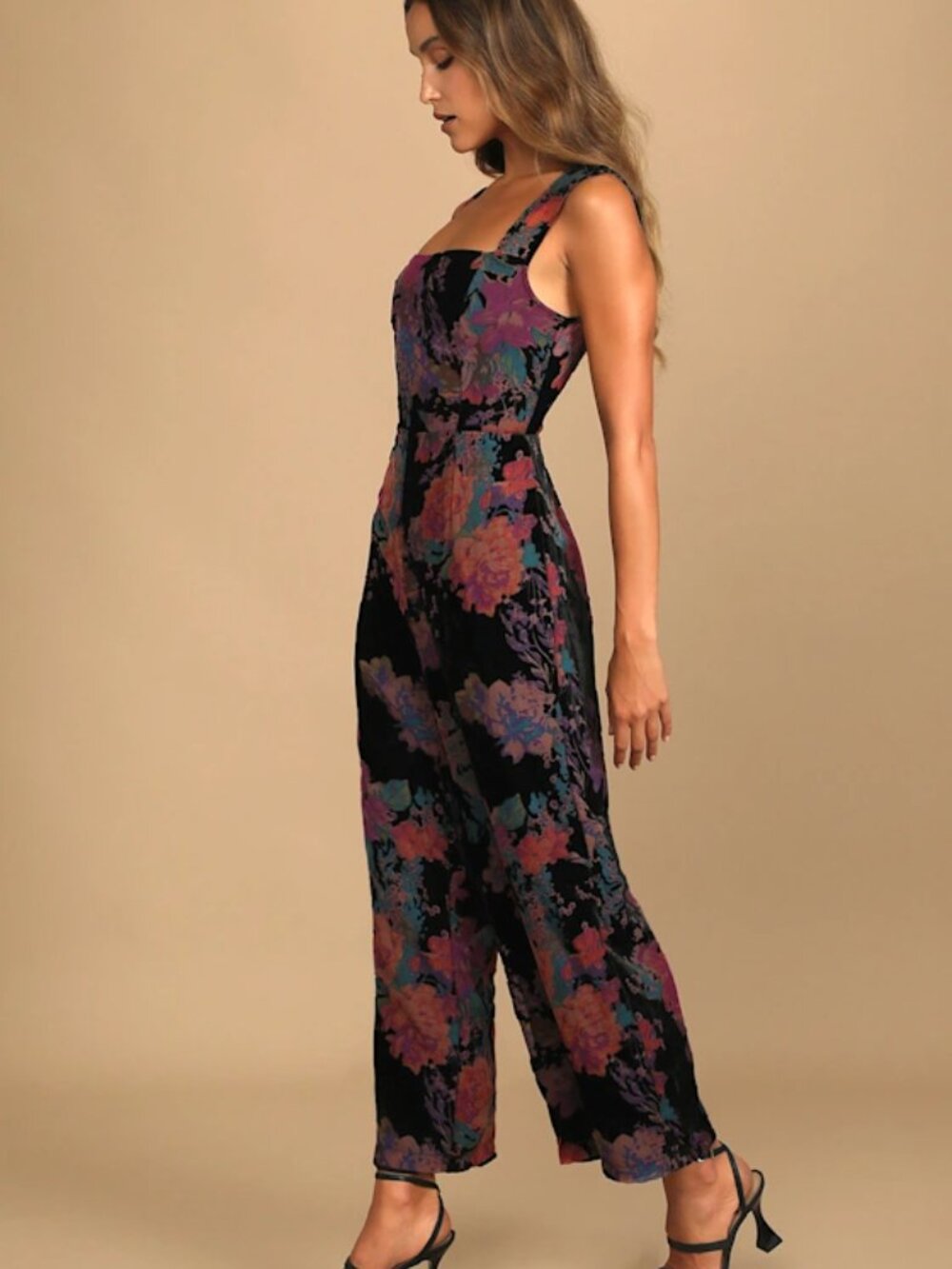 Lulus Moody Vibes Black Burnout Velvet Floral Print Wide-Leg Jumpsuit Size M NWT